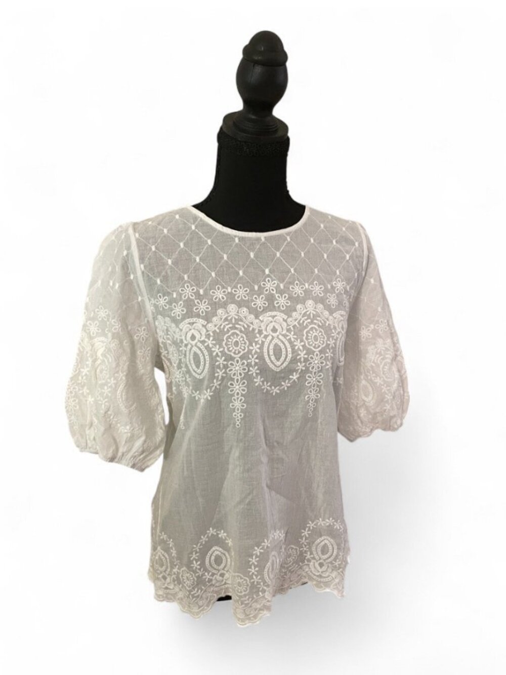 Anthropologie Embroidered White Top Puff Sleeve Peasant Shirt Cottage Kindred, M